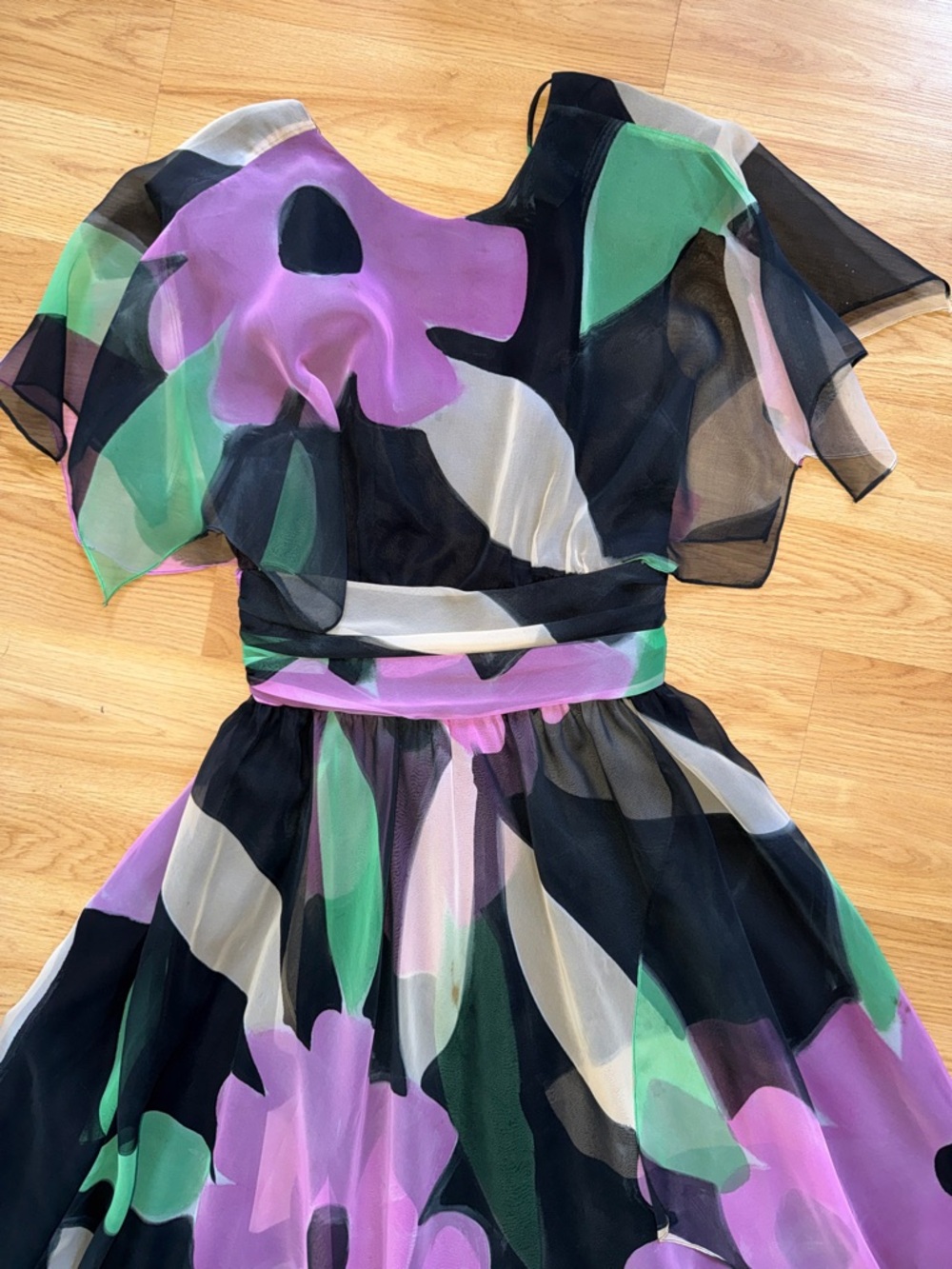 Vintage A.J. Bari Floral Chiffon Midi Dress Black Lavender Green Size 6 1980s - Picture 2 of 16